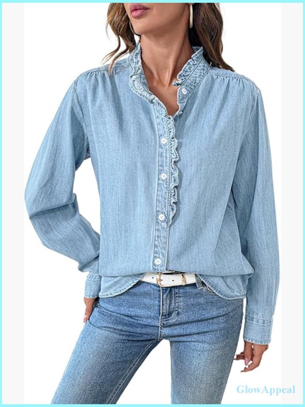 Ruffled Denim Button Down Shirt Long Sleeve V-Neck Blouse Top